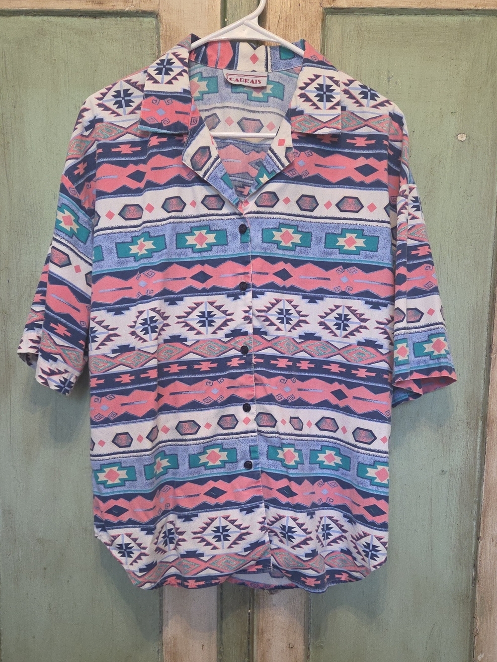 Vintage Cabrais geometric M / W Short Sleeve Aztec Print Shirt - Pink & Teal